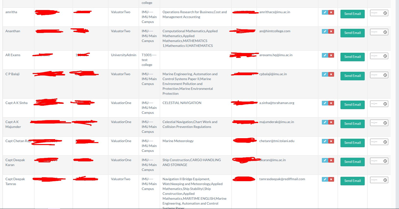 OnMark administrative table showing evaluator account records and actions